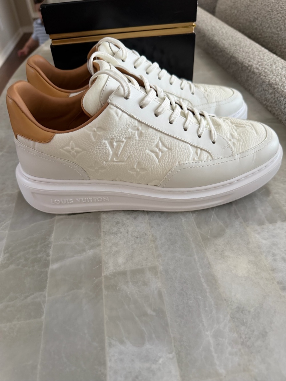 Louis Vuitton Men’s White and Tan Low-Top Sneaker with Monogram Emboss - Picture 1 of 5